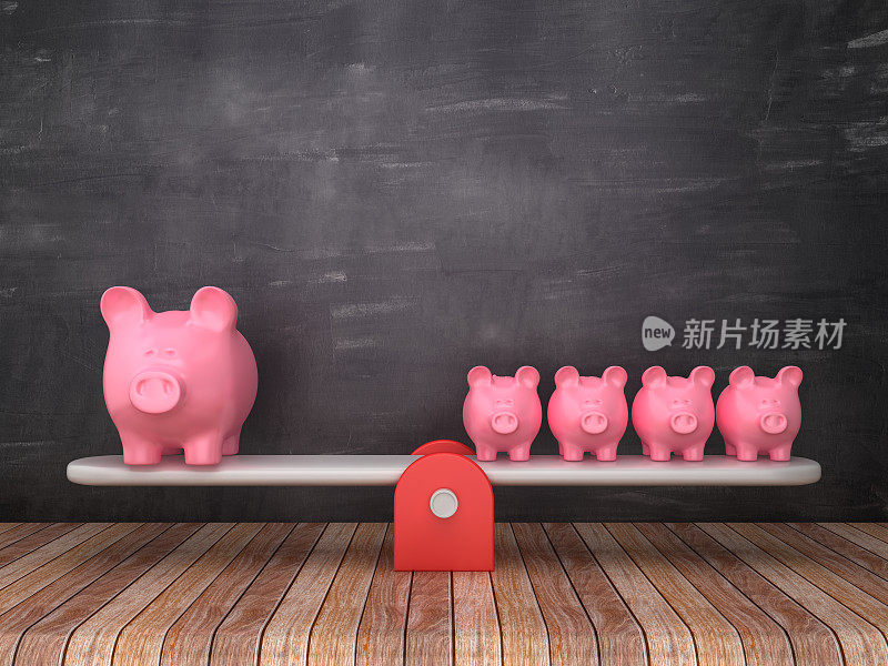 跷跷板比例与小猪银行在黑板背景- 3D渲染